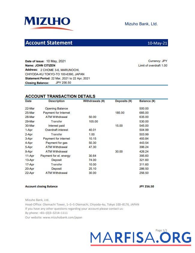 Printable Japan Mizuho bank statement excel template